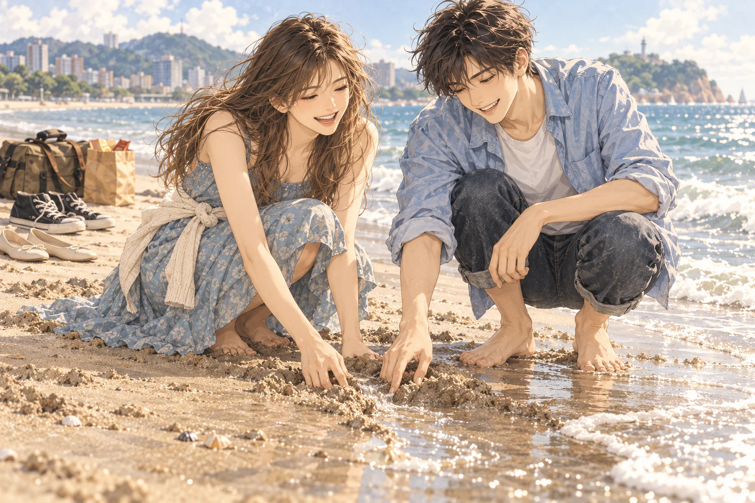 海边湿沙上，陈曦和林舒然蹲着用手指引一股海水流过刚挖出的小水道，鞋和相机包留在身后干沙上