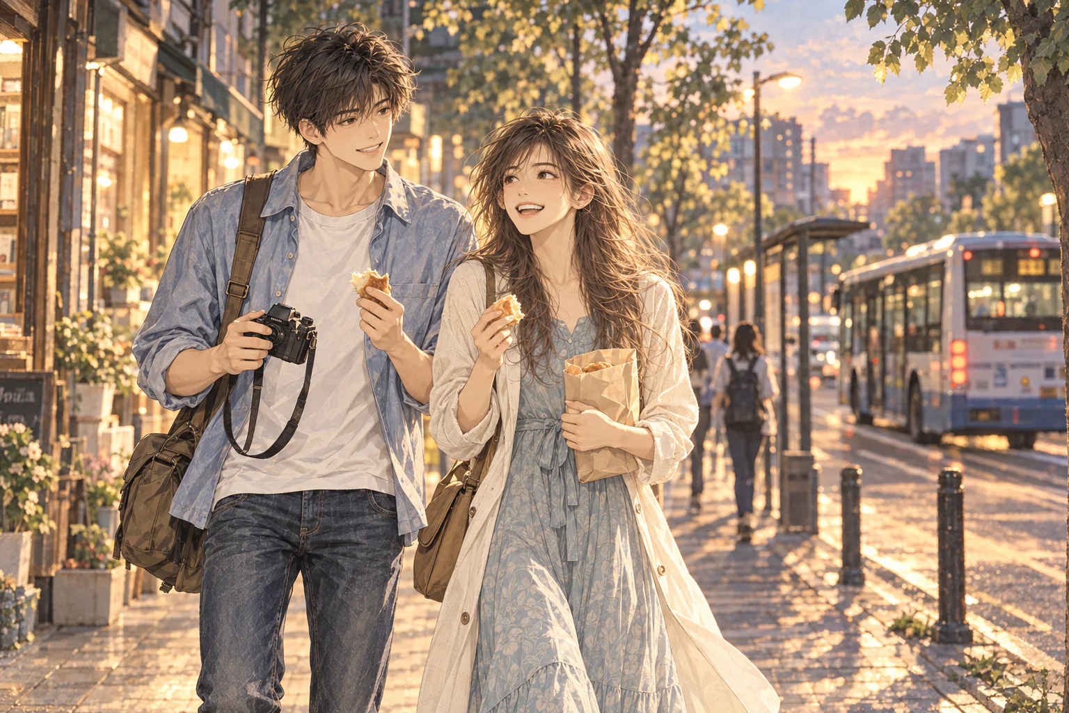 四月末傍晚的新街口，陈曦带着相机等林舒然下车，两人分一块饼慢慢走